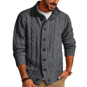 Mens Cardigan Sweater Stand Collar Cable Knit Button Down Long Sleeve Knitwear